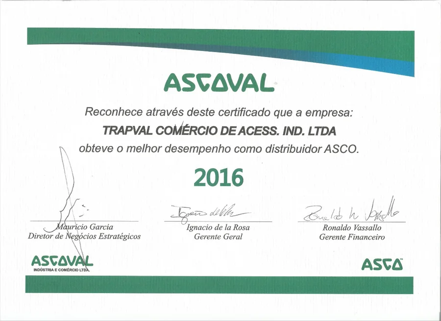 Certificado de melhor distribuidor ASCO do Brasil concedido à Trapval em 2016